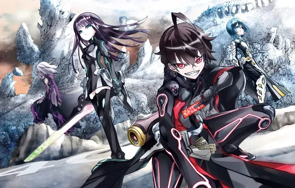 Picture girl, smile, weapons, anime, art, guy, Sousei No Onmyouji