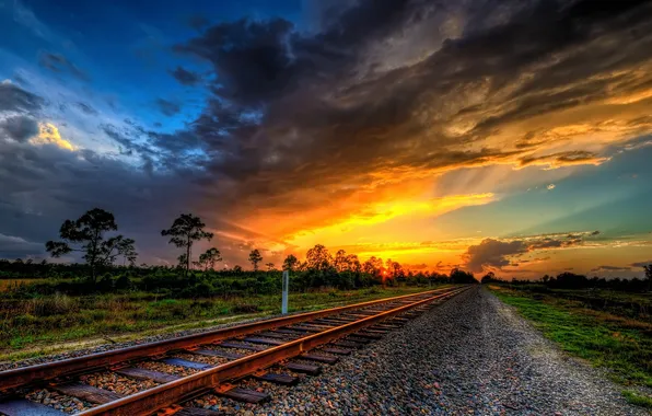 Picture grass, clouds, trees, Sunset, beauty, Horizon, panorama, railroad