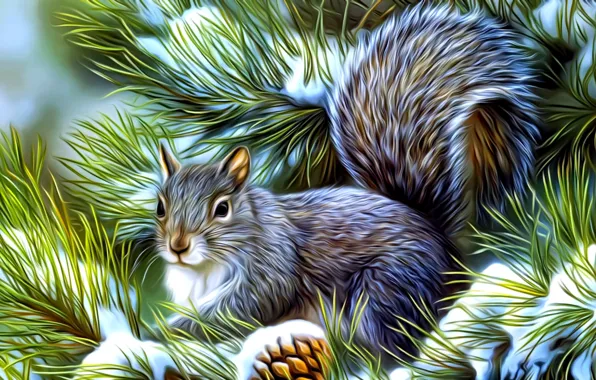 Winter, snow, rendering, figure, protein, painting, needles, fluffy tail