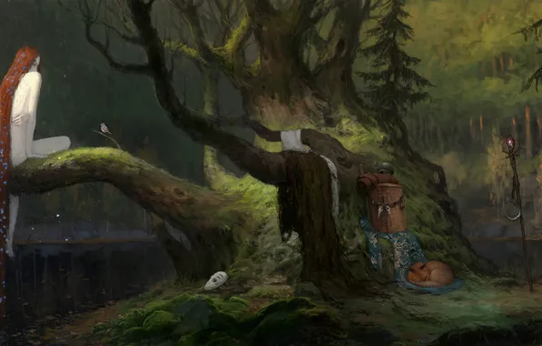 Tale, picture, Evening, the girl in the woods, magic forest, The Art Of Demura