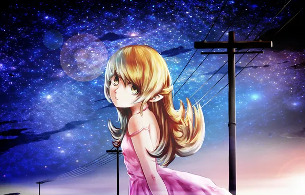 Look, girl, stars, night, street, art, bakemonogatari, oshino shinobu