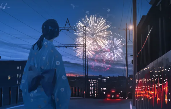 Girl, the city, fireworks
