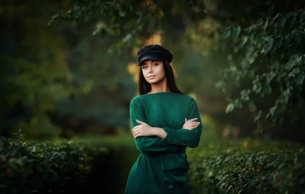 Girl, trees, pose, hair, hands, figure, dress, cap