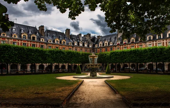 Picture greens, trees, Park, lawn, France, Paris, building, fountain