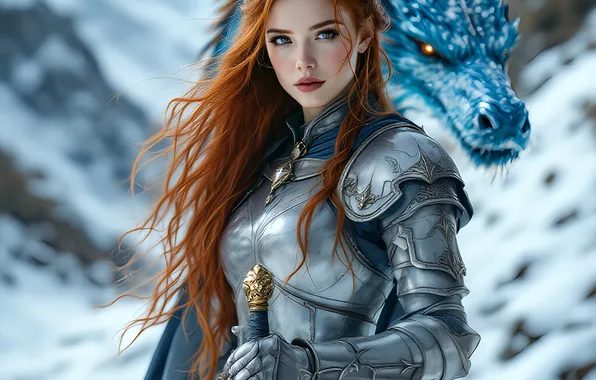 Winter, look, girl, snow, mountains, pose, blue, dragon