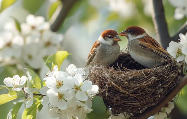 Love, flowers, birds, branch, spring, Sparrow, socket, a couple