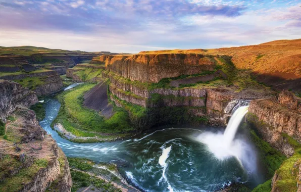 The sky, clouds, mountains, river, rocks, waterfall, stream