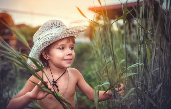 Picture summer, grass, children, face, emotions, mood, hat, boy