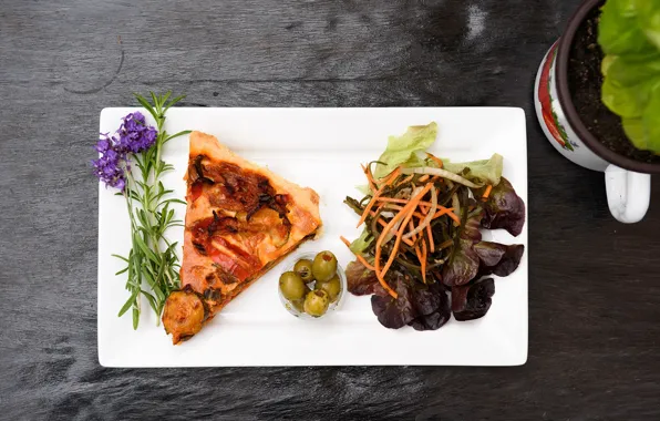Flowers, pizza, olives, salad