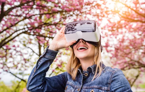 Picture woman, park, virtual reality
