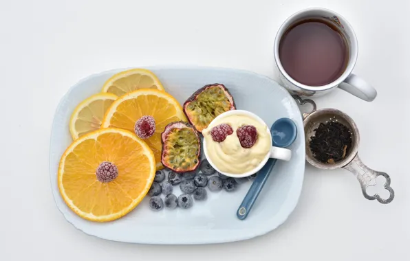 Picture raspberry, orange, Breakfast, yogurt, tea fragrant