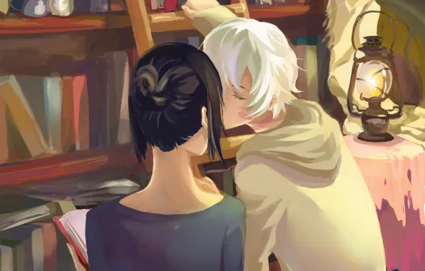 Books, kiss, art, ladder, lantern, Anime, bookshelves, mouse