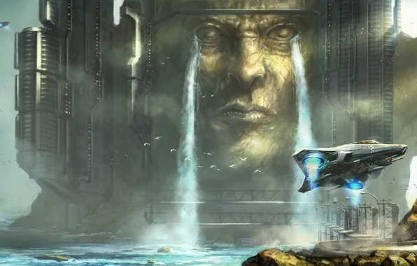 Sea, face, rocks, transport, ship, building, waterfall, art