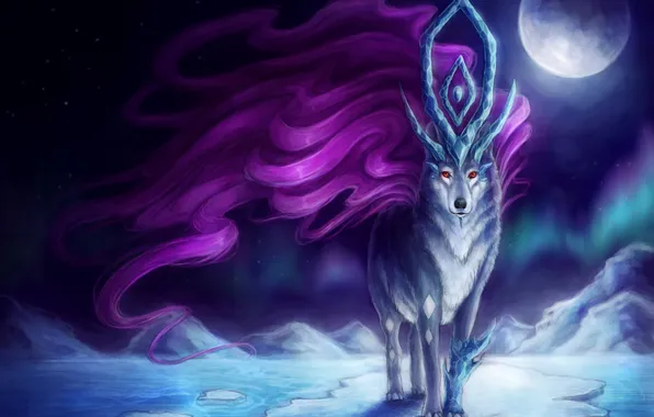 Ice, night, magic, the moon, wolf, fantasy, art, crystals