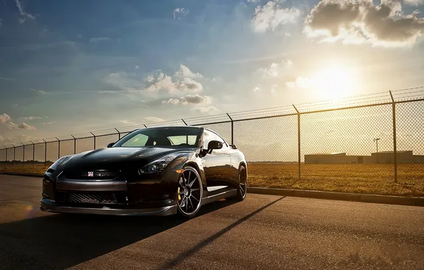 Picture the sun, black, the fence, Nissan, black, front view, Nissan, r35