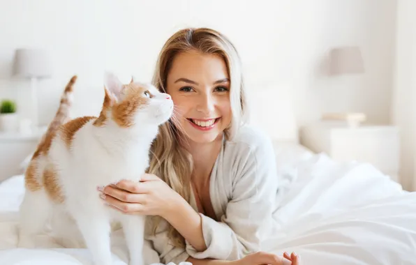 Picture cat, girl, smile, bed, hairstyle, blonde, bed, Bathrobe