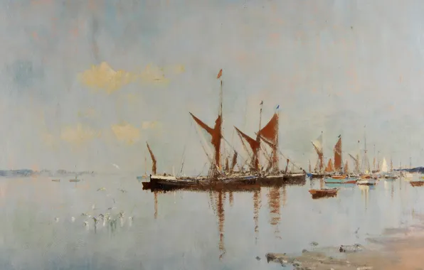 Picture picture, seascape, Edward Seago, Barges at Anchor. Pin Mill