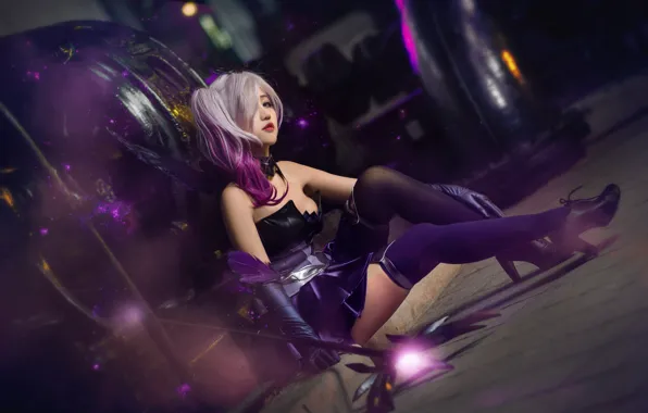 Purple, look, girl, lights, pose, style, weapons, background