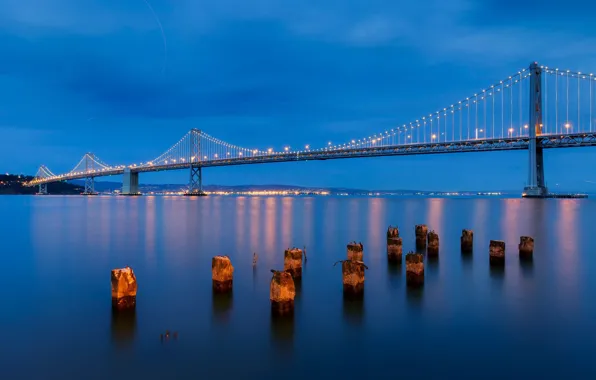 The sky, reflection, night, bridge, the city, lights, Strait, blue