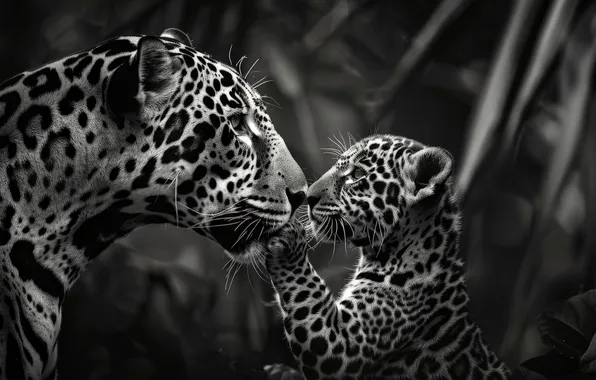 Kitty, Cub, Two, Digital art, Black and white, Predators, Jaguars, Big Cats