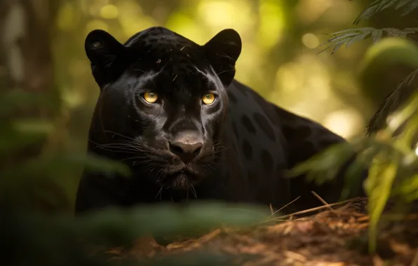 Look, face, leaves, nature, pose, Panther, black, AI art