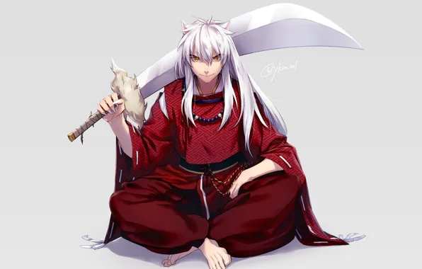 Wallpaper sword, ears, Inuyasha, art, sitting, InuYasha