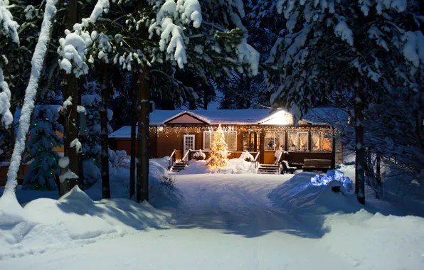 Picture Winter, The evening, House, House, Winter, Snow trees, Evening, Karelia