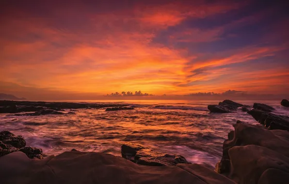 Picture sea, wave, the sky, clouds, sunset, red, stones, rocks