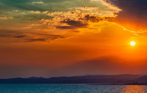 Sunset, The sun, The sky, Water, Clouds, The ocean, Mountains, Trees