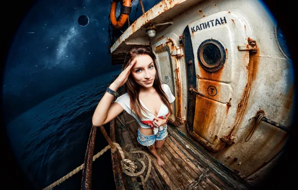 Girl, ship, neckline, captain, deck, engine room
