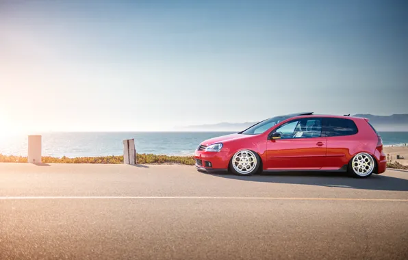 Picture sea, red, shore, volkswagen, profile, red, Golf, golf