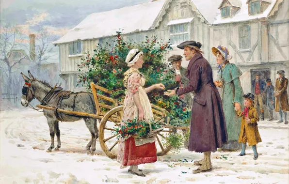 Picture Winter, Snow, House, People, Picture, Wagon, Donkey, Merry Christmas!