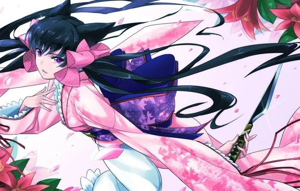 Picture girl, flowers, weapons, anime, art, knife, bows, yukata
