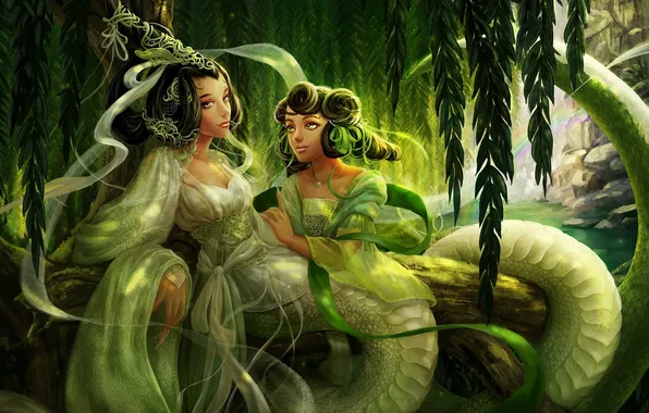 Trees, girls, thickets, snake, fantasy, art, tail, log