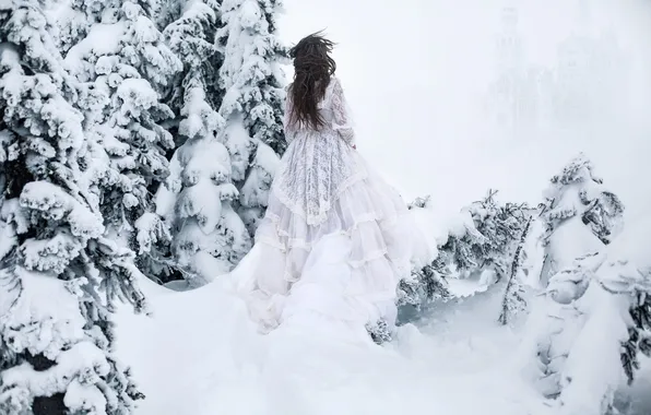 Winter, girl, snow, dress