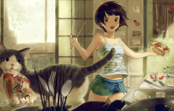 Picture cat, girl, anime, art, kitchen