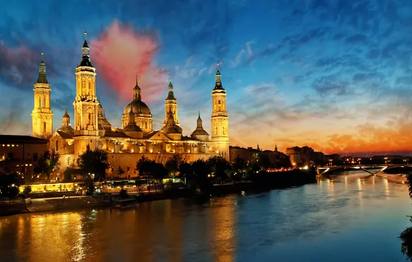 The sky, clouds, night, lights, Spain, Zaragoza, Basílica de Nuestra Señora del Pilar, the river …