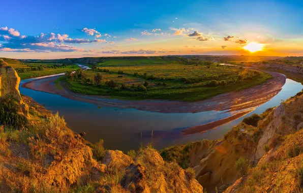 Picture the sky, the sun, clouds, sunset, river, field, USA, Theodore Roosevelt National Park