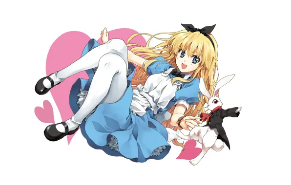 White background, blue eyes, Alice in Wonderland, fun, Alice, apron, white rabbit, Alice in Wonderland