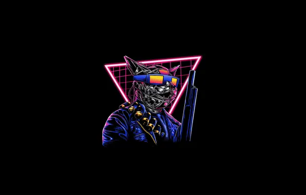 Minimalism, humor, positive, neon, glasses, black background, A cat with a gun, Cat With Weapons