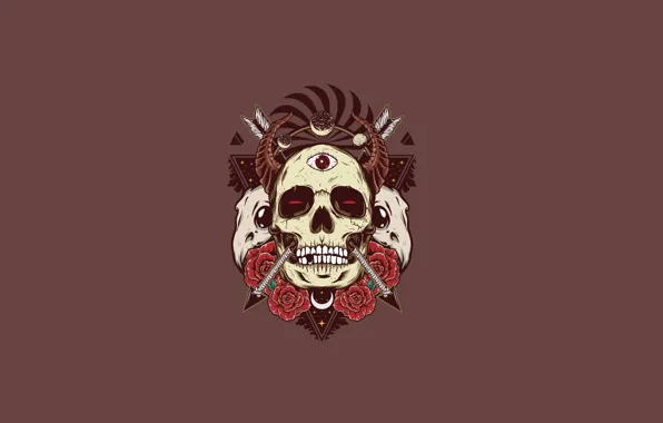 Skull, roses, horns, skull, arrows