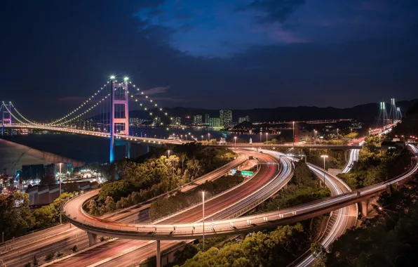 Picture night, the city, road, Hong Kong, China