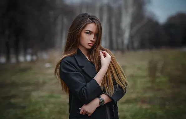 Girl, trees, glade, portrait, makeup, hairstyle, brown hair, beautiful