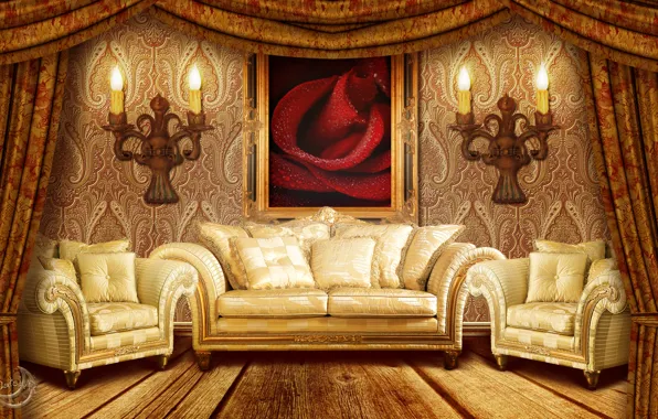 Picture room, sofa, Wallpaper, rose, picture, chair, pillow, candles