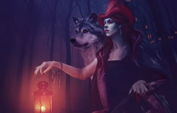 Picture wolf, little red riding hood, lantern, keys
