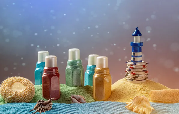 Background, lighthouse, jars, shell, green, colorful, yellow, blue