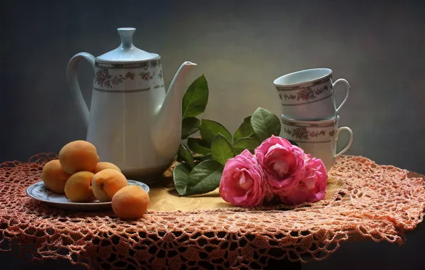 Picture flowers, table, roses, kettle, plate, Cup, fruit, still life
