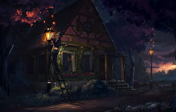 House, fireflies, street, people, Night, lights, ladder, porch