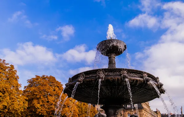 Water, Autumn, Castle, Stuttgart, Trees, Fountain, Castle square