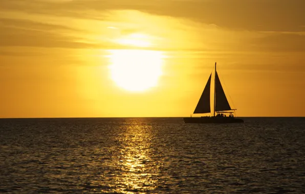 The sun, sunset, the ocean, the evening, yacht, silhouette, sails, sea romance
